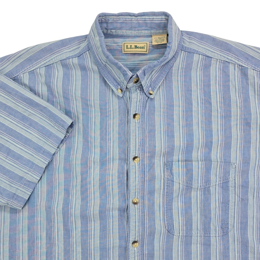 LL Bean V639 Striped Button Down Shirt Mens XXL Blue Short Sleeve Cotton Canada